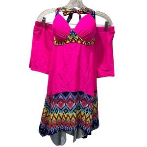 Women’s Tankini Size 2XL, Hot Pink Bright Colors Long Top, Shorts, Halter Strap